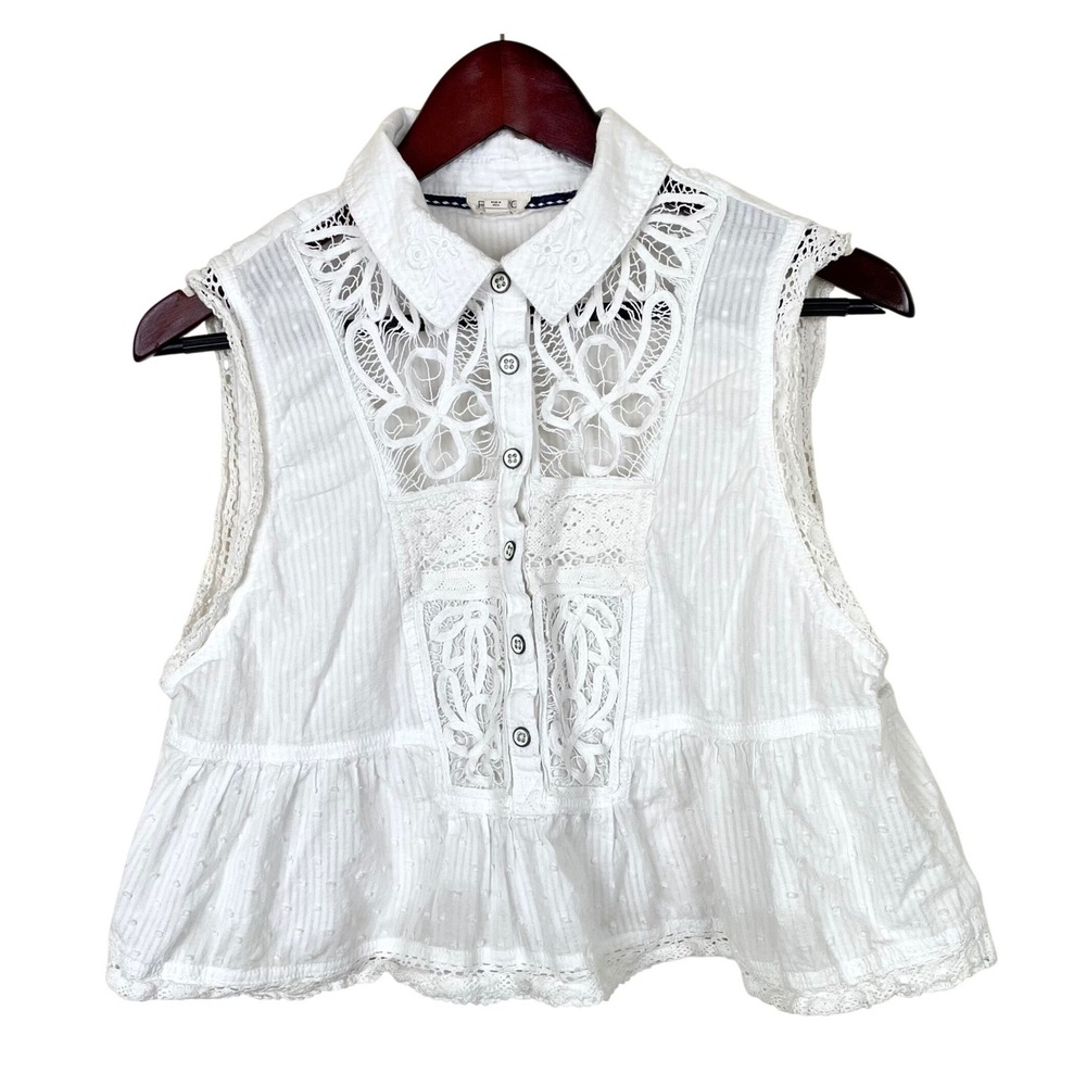 Pilcro White Sleeveless Lace-Panel Button Blouse